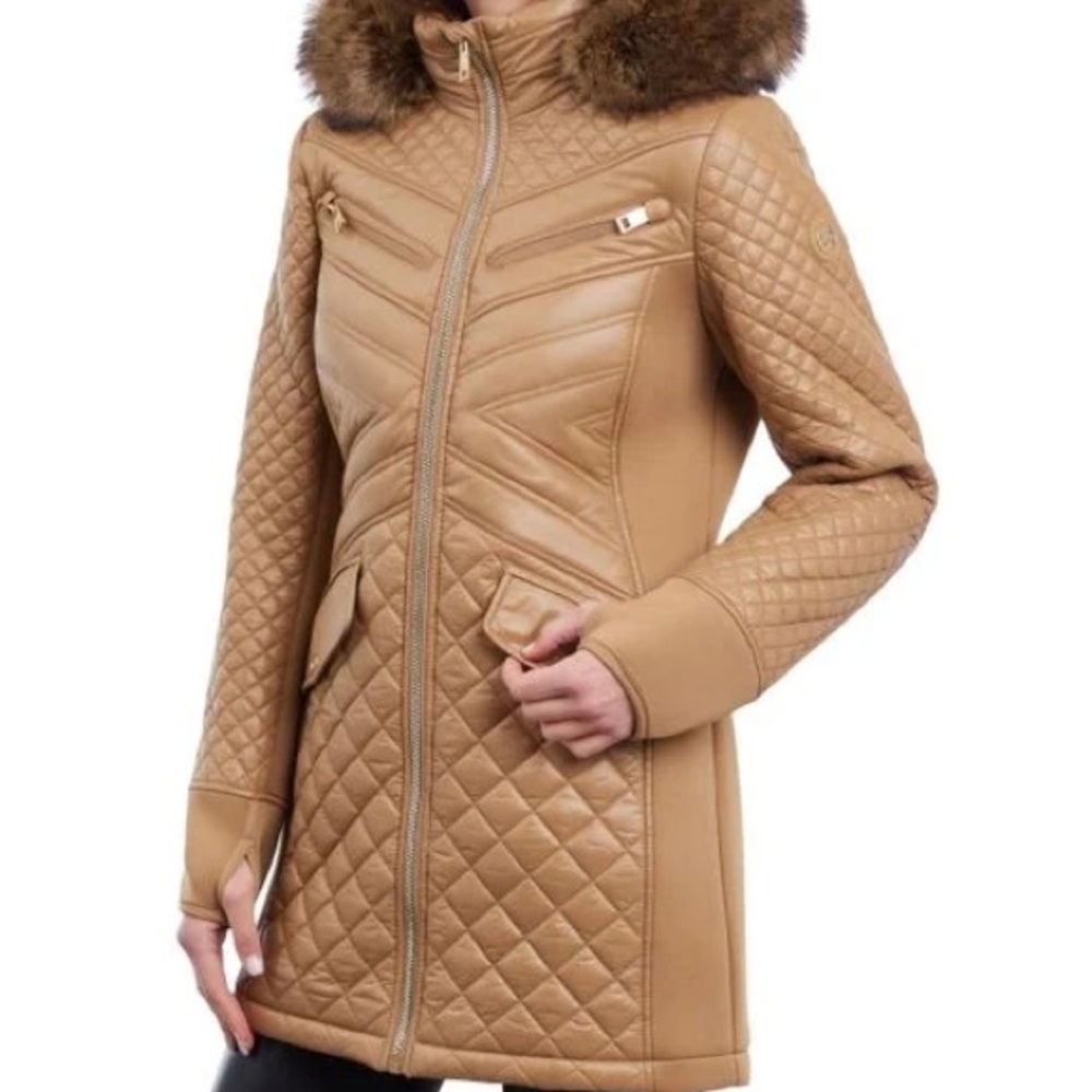 Michael Kors Women's Faux-Fur-Trim Hooded Quilted Coat in Camel
